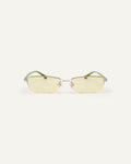 Face shot of Bonnie Clyde Lucky Star sunglasses in silver with yellow lenses.