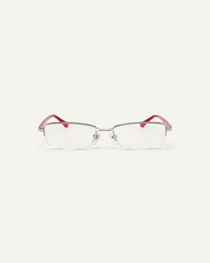 Face shot of Bonnie Clyde Lucky Star optical frames in silver with clear lenses.