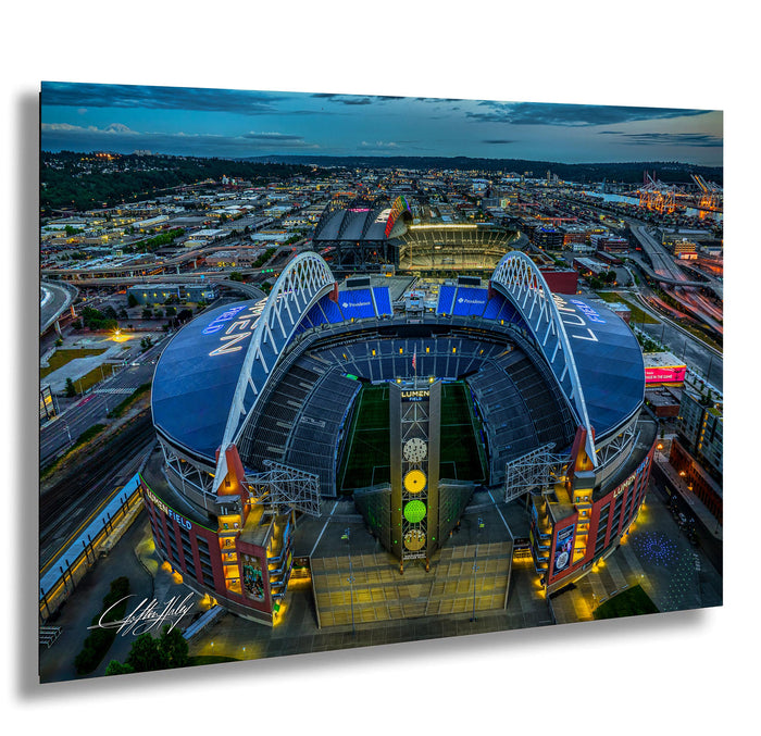 a large stadium with a curved roof and a large field, surrounded by a cityscape at night.