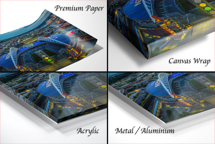 The image is a collage of four different views of a city skyline at night, showcasing the city's architectural structures and lights.