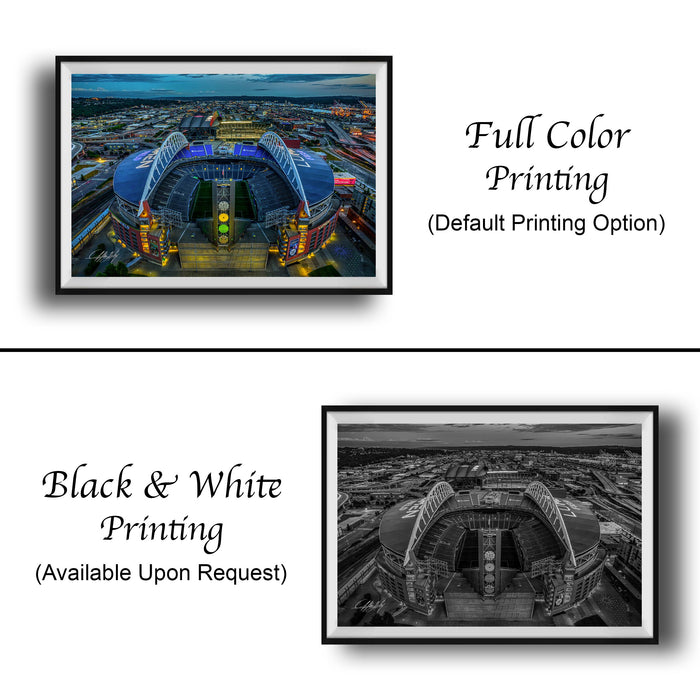 The image is a collage of two framed pictures. The left frame is a full color print of a stadium, while the right frame is a black and white print of the same stadium. Both frames have the caption "Full Color Printing (Default Printing Option)" and the caption "Black & White Printing (Available Upon Request)" printed below them.