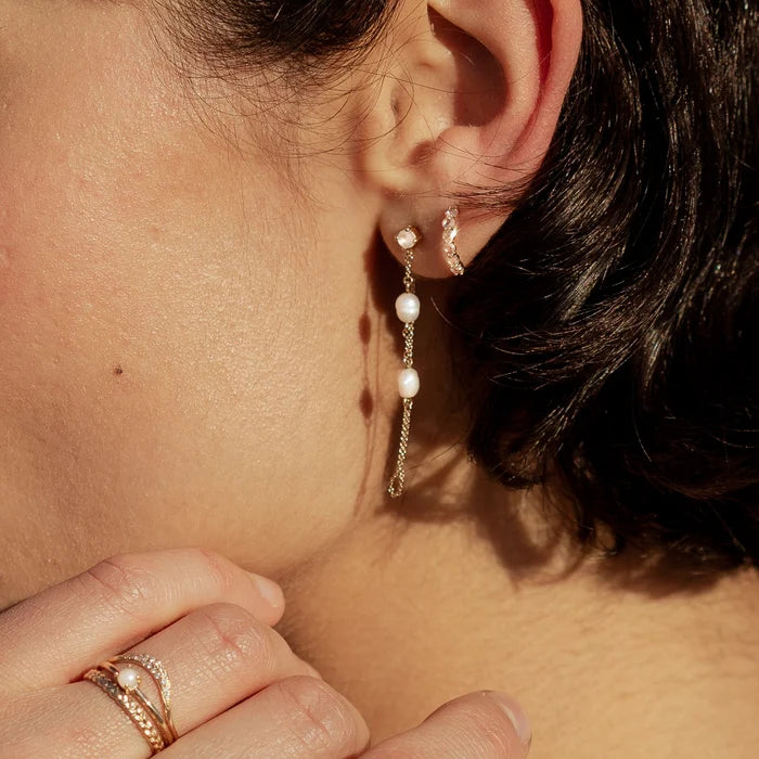 Luna Perla Pearl Chain Earring in 14k yellow gold, alternate angle detail view