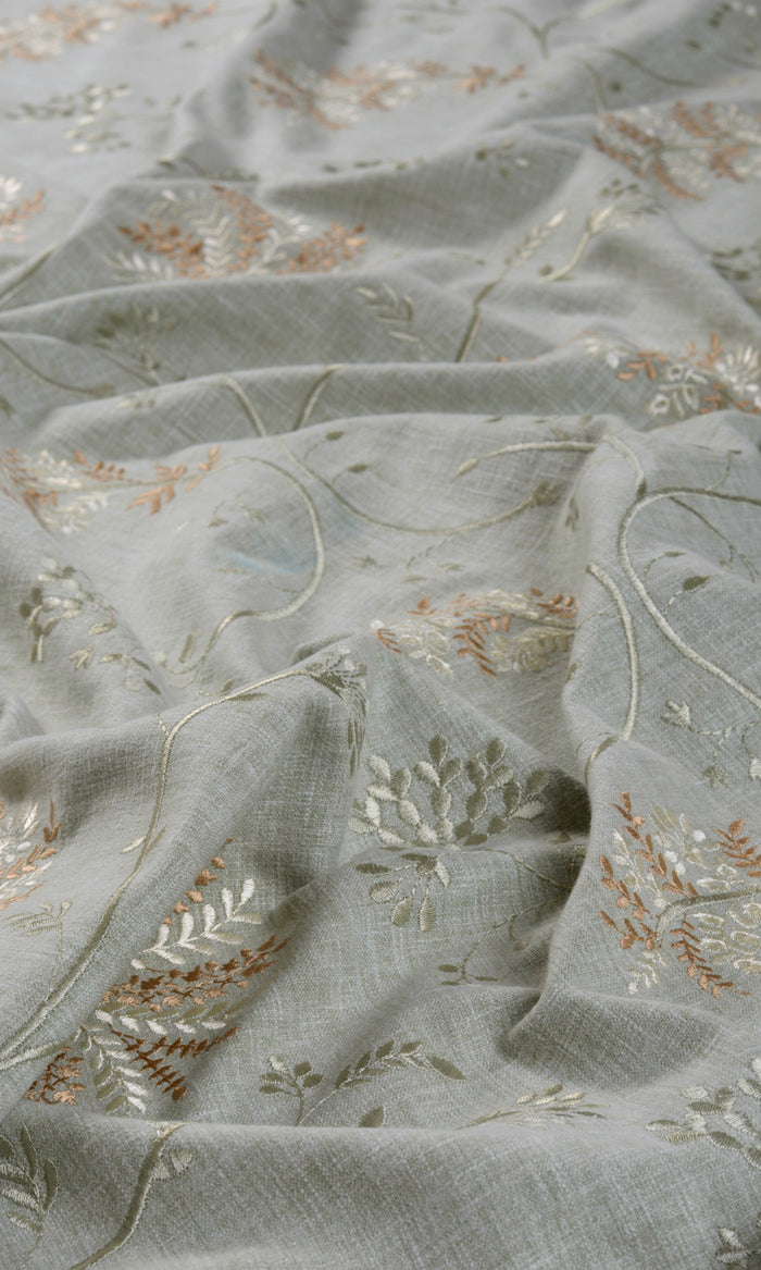 Floral Embroidery Fabric By the Metre for Curtains & Drapes (Gray-Green)