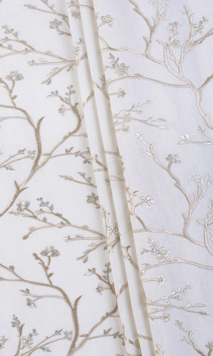 Floral Vine Print Embroidery Home Textile Fabric Material By the Metre (White/ Beige)