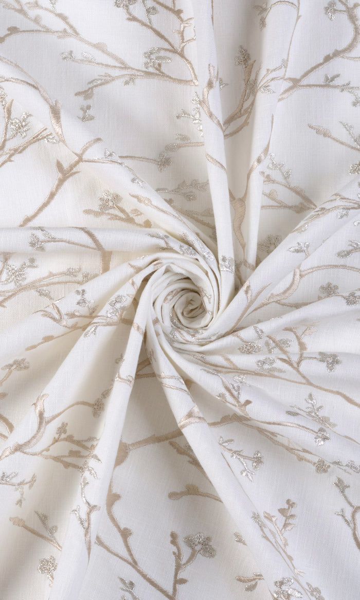 Floral Vine Print Embroidery Fabric Material By the Metre (White/ Beige)