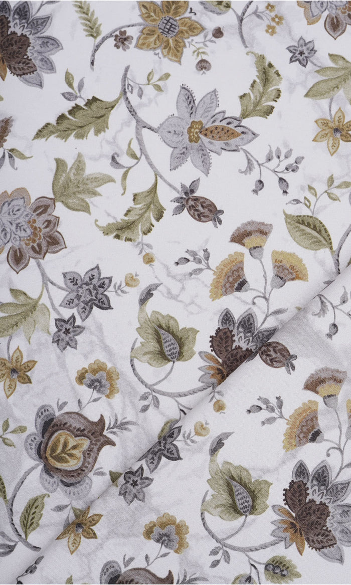 Floral Cotton Fabric Material By the Metre (White/ Grey/ Green)
