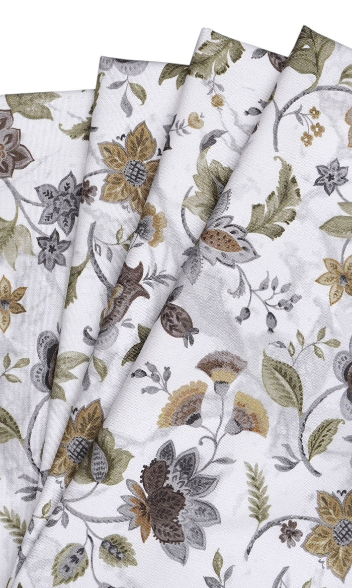 Floral Cotton Fabric By the Metre for Curtains & Drapes (White/ Grey/ Green)
