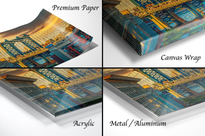 The image is a collage of four different views of a bridge, each with a different material used to print the artwork. The first view is printed on premium paper, the second on canvas wrap, the third on acrylic, and the fourth on metal/aluminum.