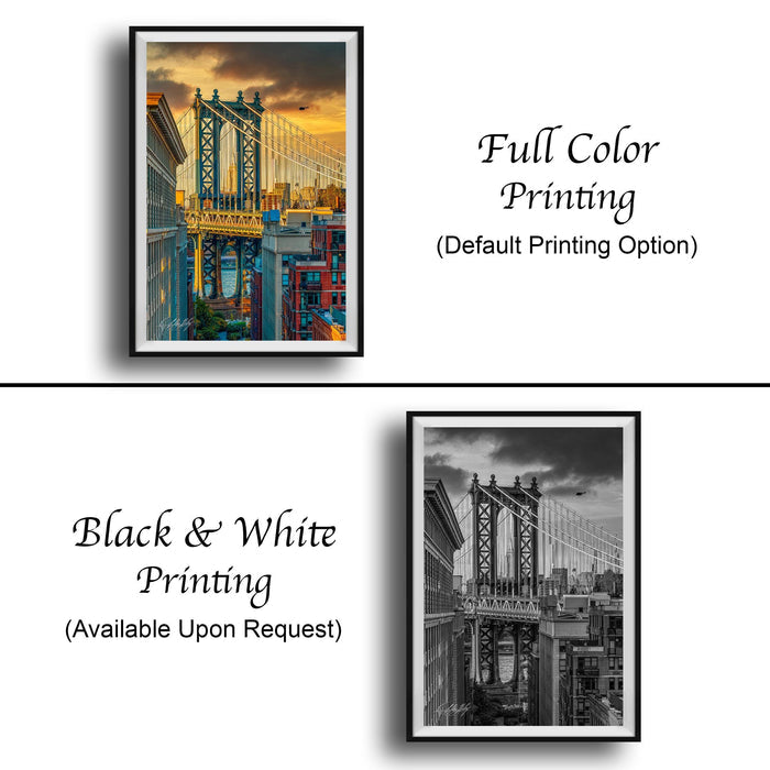 The image is a collage of two framed pictures. The top picture is a full color print of the Manhattan Bridge, while the bottom picture is a black and white print of the same bridge. Both pictures are framed and available upon request.