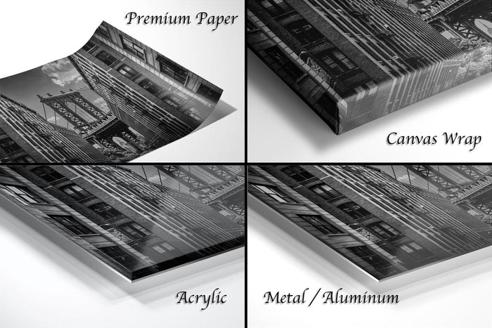 The image is a collage of four different views of a building, each with a different finish: "Premium Paper", "Canvas Wrap", "Acrylic", and "Metal/Aluminum".