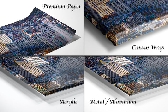 The image is a collage of four different types of printed materials, including a premium paper, a canvas wrap, an acrylic, and a metal/aluminum.