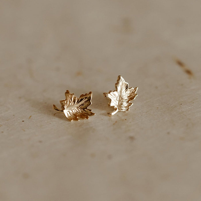 Maple Leaf Earring in 14k yellow gold, studio detail view