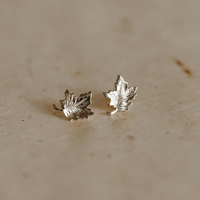 Maple Leaf Earring in sterling silver, studio detail view