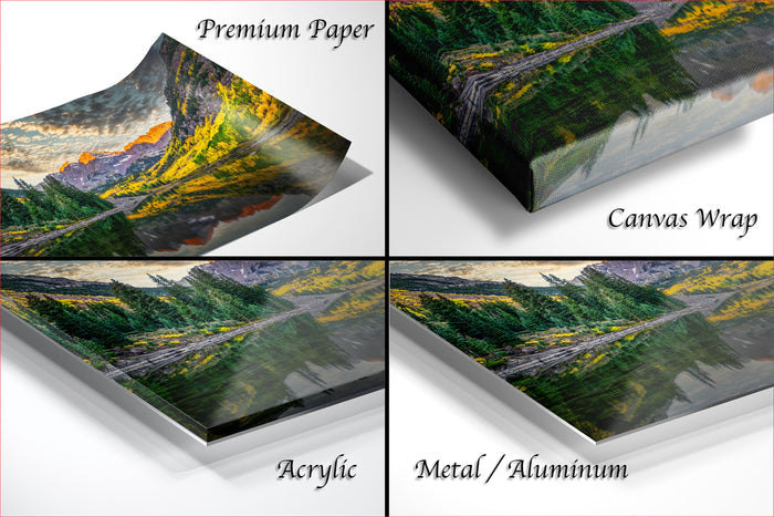 The image is a collage of four different views of a landscape, including a premium paper print, a canvas wrap, an acrylic print, and a metal/aluminum print.