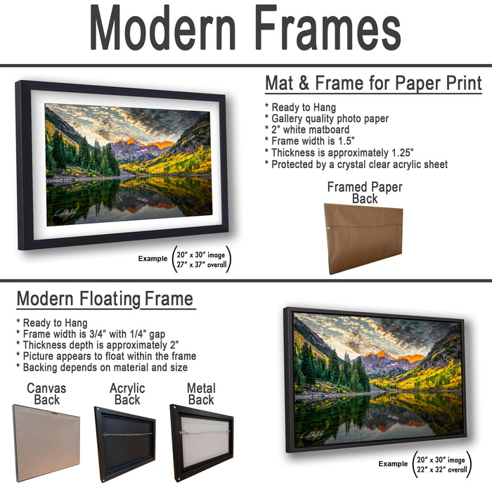 The image is a collage of two framed artworks, one of which is a mat and frame for a paper print, and the other is a modern floating frame.