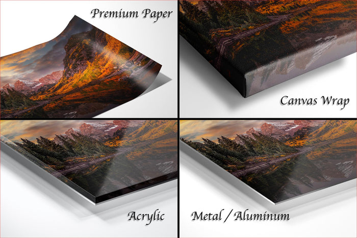 The image is a collage of four different views of a landscape photograph, including a close-up of the paper, a close-up of the canvas wrap, and a close-up of the metal or aluminum finish.