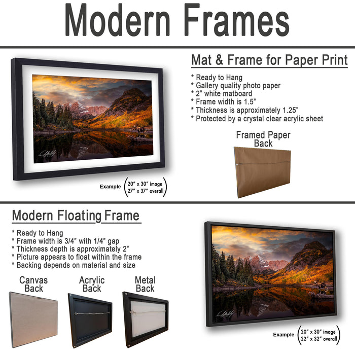 The image is a collage of two framed artworks, one of which is a mat and frame for a paper print, and the other is a modern floating frame.