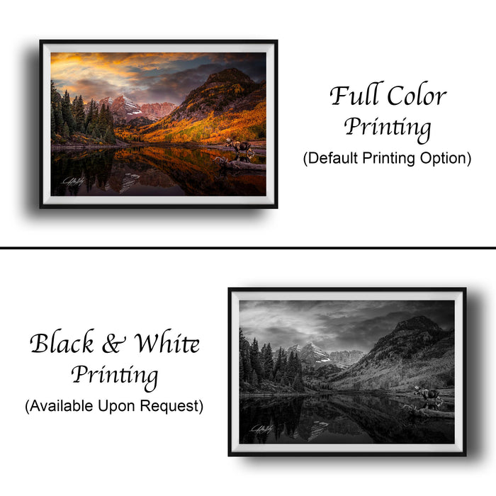 The image is a collage of two framed pictures. The top picture is a full color print of a mountainous landscape with a lake, while the bottom picture is a black and white print of the same landscape. Both pictures are framed and displayed side by side, with the top picture being labeled as "Full Color Printing" and the bottom picture as "Black & White Printing".
