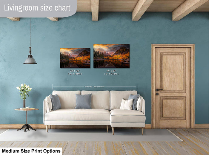 a living room with a white sofa, a wooden door, and a painting of a mountain landscape on the wall. The painting is of medium size, and the living room appears to be designed for a comfortable and relaxing atmosphere.