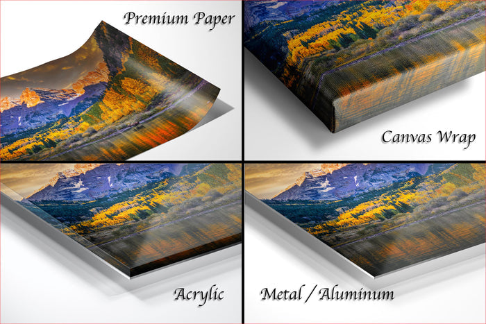 The image is a collage of four different views of a landscape, including a mountain range, trees, and a body of water. The images are labeled as "Premium Paper", "Canvas Wrap", "Acrylic", and "Metal/Aluminum".