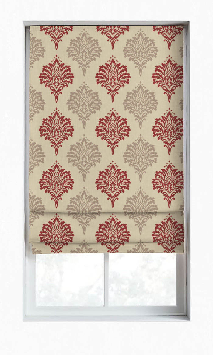 Damask Dimout Window Treatments Fabric By the Metre (Red/ Stone Grey)