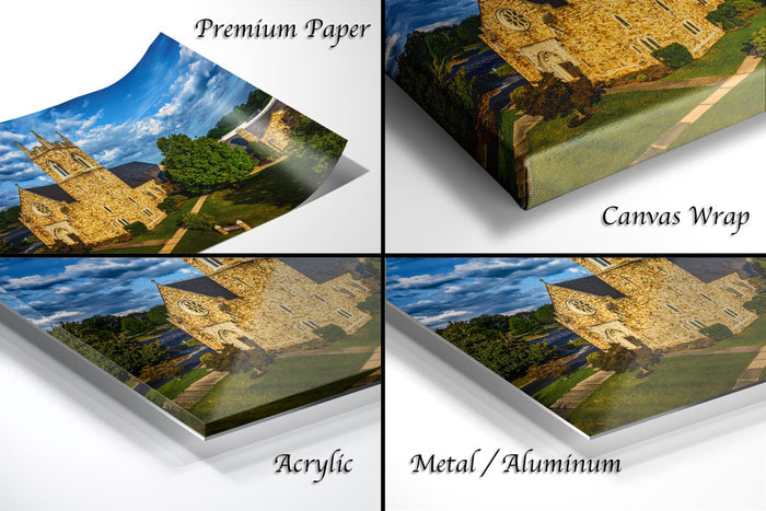 The image is a collage of four different views of a stone building, including a close-up of the building, a landscape view, a side view, and a top-down view.