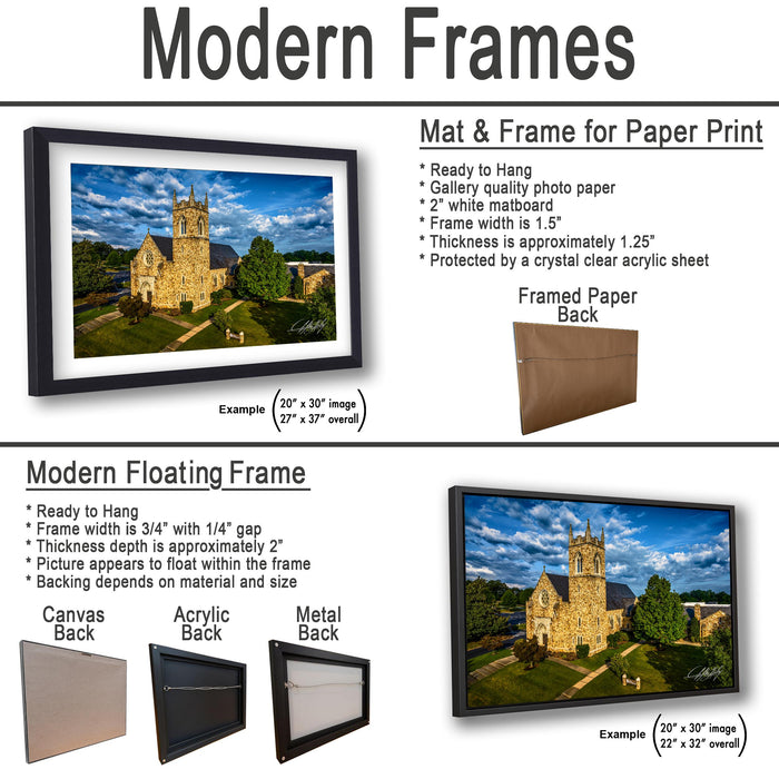The image is a collage of two framed pictures, one of a stone church and the other of a landscape. The collage features a variety of frame options, including a mat and frame for paper print, a modern floating frame, and a framed paper back. The images are described in detail, providing examples of the frames' sizes and materials.