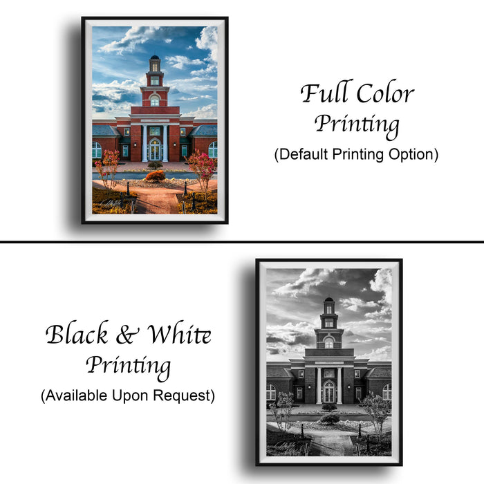 The image is a collage of two framed pictures. The top picture is a full color print of a building with a clock tower, while the bottom picture is a black and white print of the same building. The text below the images indicates that the full color printing is available upon request.