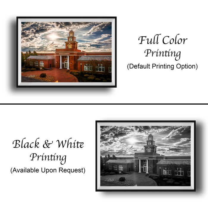 The image is a collage of two framed pictures. The top picture is a full color print of a building with a clock tower, while the bottom picture is a black and white print of the same building. The text below the images indicates that the full color printing is available upon request.