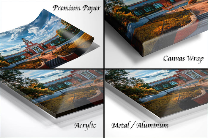 The image is a collage of four photos depicting a building with a clock tower, trees, and a body of water.