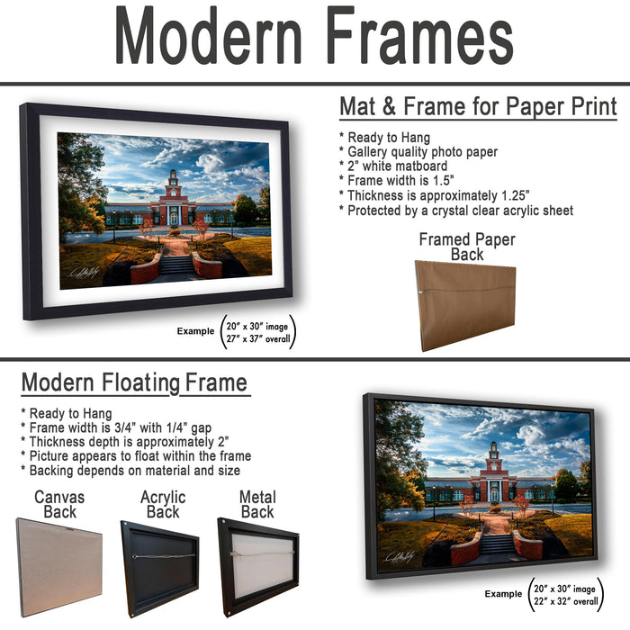 The image is a collage of two framed pictures, one of a building and one of a landscape, both featuring modern frames. The collage includes a mat and frame for a paper print, a mat and frame for a floating frame, and a mat and frame for a printed back. The collage also includes a modern floating frame and a mat and frame for a printed back.
