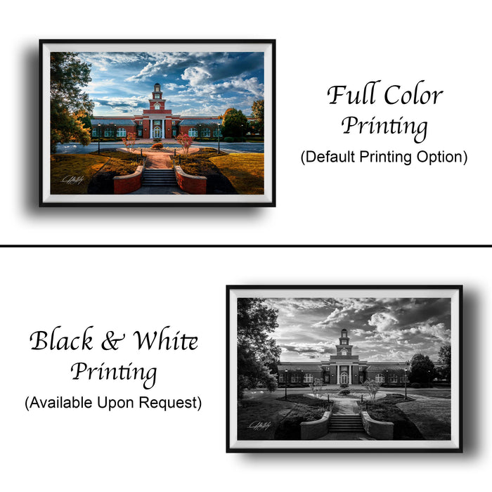 The image is a collage of two framed pictures. The top picture is a full color print of a building with a clock tower, while the bottom picture is a black and white print of the same building. The text below the images indicates that the full color printing is available upon request.