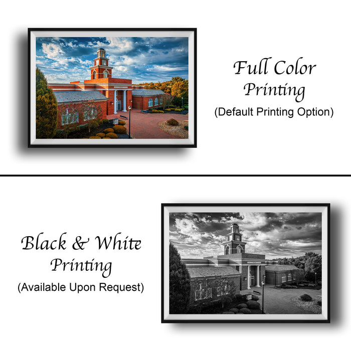 The image is a collage of two framed pictures. The top picture is a full color print of a building with a clock tower, while the bottom picture is a black and white print of the same building. The text below the images indicates that the full color printing is available upon request, and the black and white version is also available.