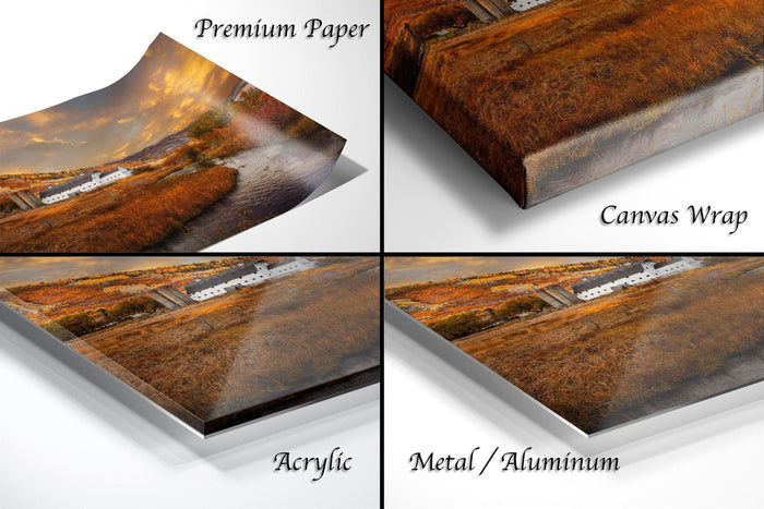 The image is a collage of four photographs depicting a rural landscape with a river, buildings, and trees. The photographs are labeled as "Premium Paper", "Canvas Wrap", "Acrylic", and "Metal/Aluminum".