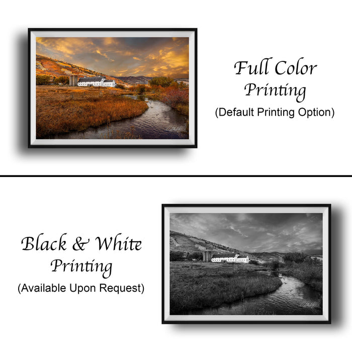 The image is a collage of two framed pictures. The top picture is a full color print of a scenic landscape, while the bottom picture is a black and white print of the same landscape. Both pictures are framed and available upon request.