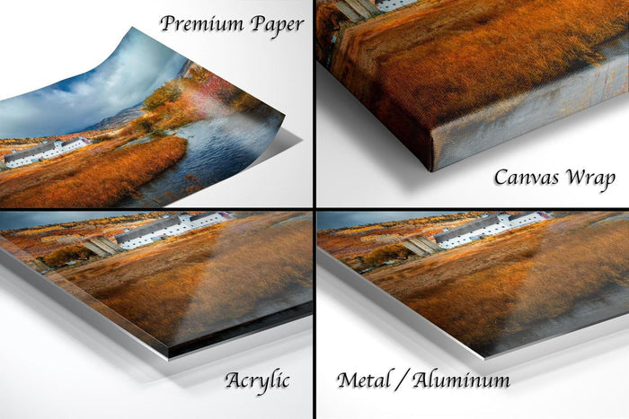 The image is a collage of four photographs depicting a rural landscape, with a focus on the details of the scene, such as the buildings, trees, and overall composition.