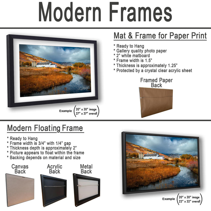 The image is a comparison of modern frames and floating frames for displaying artwork. It features two framed pictures of a scenic landscape, one with a mat and frame and the other with a modern floating frame. The text provides information about the mat and frame for paper print, the mat and frame for paper print, and the differences between the two types of frames.