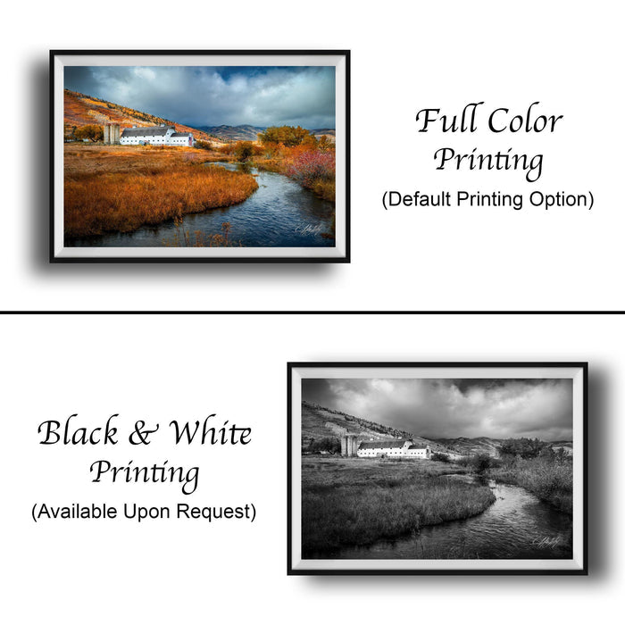 The image is a collage of two framed pictures. The top picture is a full color print of a rural landscape with a river, while the bottom picture is a black and white print of the same rural landscape. The text below the images indicates that the full color printing is available upon request.