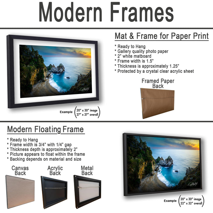 The image is a collage of two framed pictures, one of a beach and one of a mountain landscape. The beach picture is a modern floating frame, while the mountain picture is a modern floating frame. The collage also includes a mat and frame for paper print, a mat and frame for paper print, and a mat and frame for paper back.