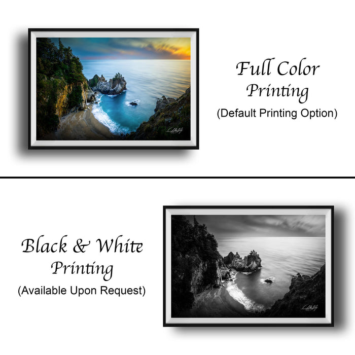 The image is a collage of two framed pictures. The top picture is a full color print of a scenic coastal landscape, while the bottom picture is a black and white print of the same coastal landscape. Both pictures are framed and available upon request.
