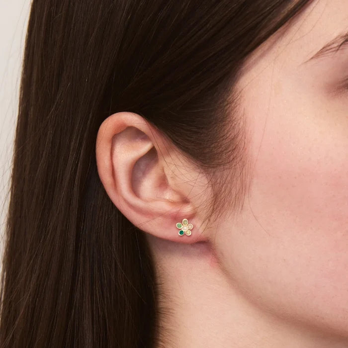Meadow Forget-me-not Green Studs in 10k/14k yellow gold, shown worn on hand