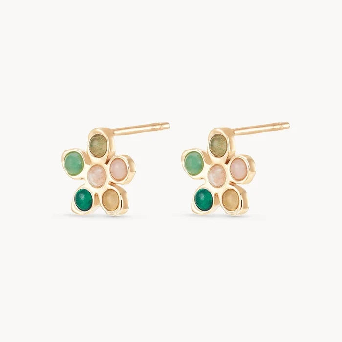 Meadow Forget-me-not Green Studs in 10k/14k yellow gold, alternate angle detail view