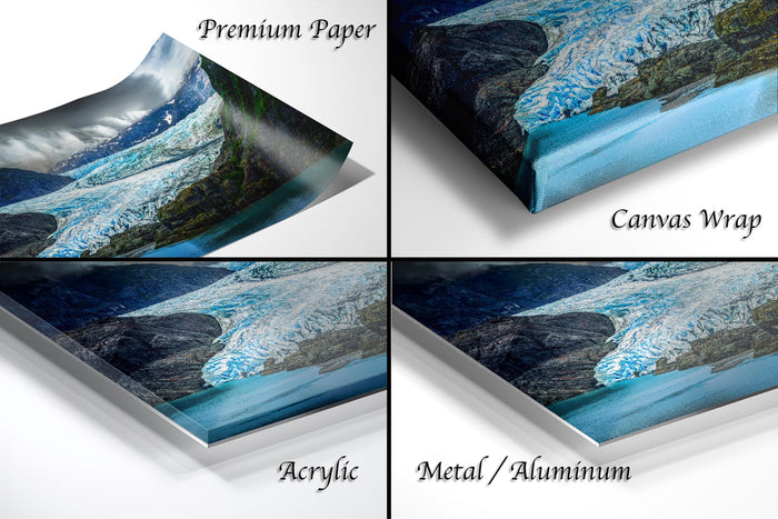 The image is a collage of four different views of a landscape, including a premium paper, a canvas wrap, an acrylic, and a metal/aluminum.