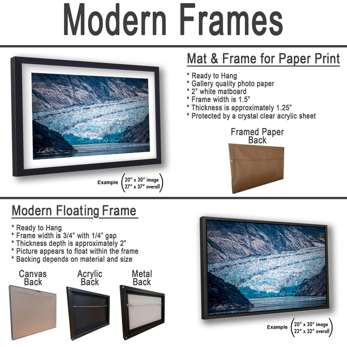 The image is a comparison of modern frames for different types of artwork, including a mat and frame for paper print, a framed paper back, and a modern floating frame.
