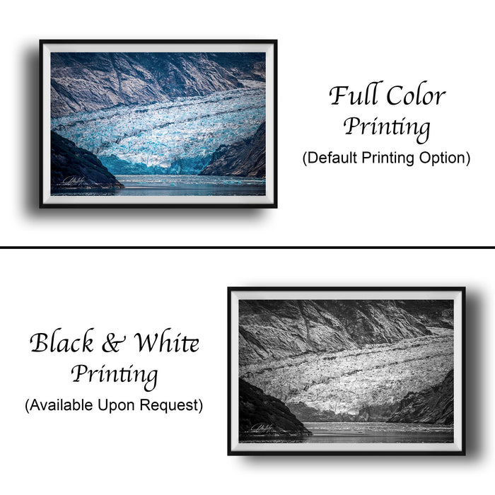 The image is a collage of two framed photographs. The top photograph is a full color print, while the bottom photograph is a black and white print. Both images depict a mountainous landscape with a river or lake in the background. The top photograph is labeled "Full Color Printing" and the bottom photograph is labeled "Black & White Printing" and "Available Upon Request".