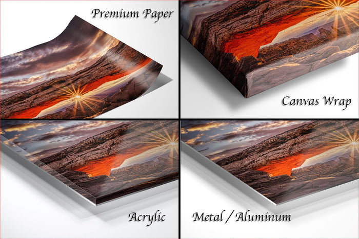 four different views of a landscape photograph, including a canvas wrap, a premium paper, an acrylic, and a metal/aluminum.