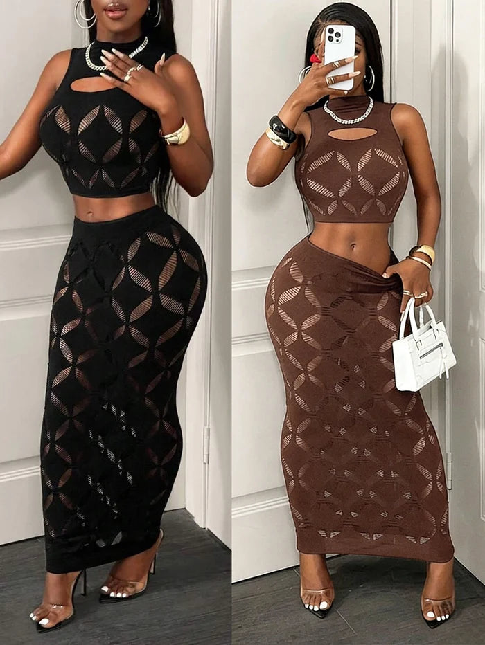 Mesh Hollow-Out Crop Tank & Bodycon Mini Skirt Set – 2-Piece Clubwear