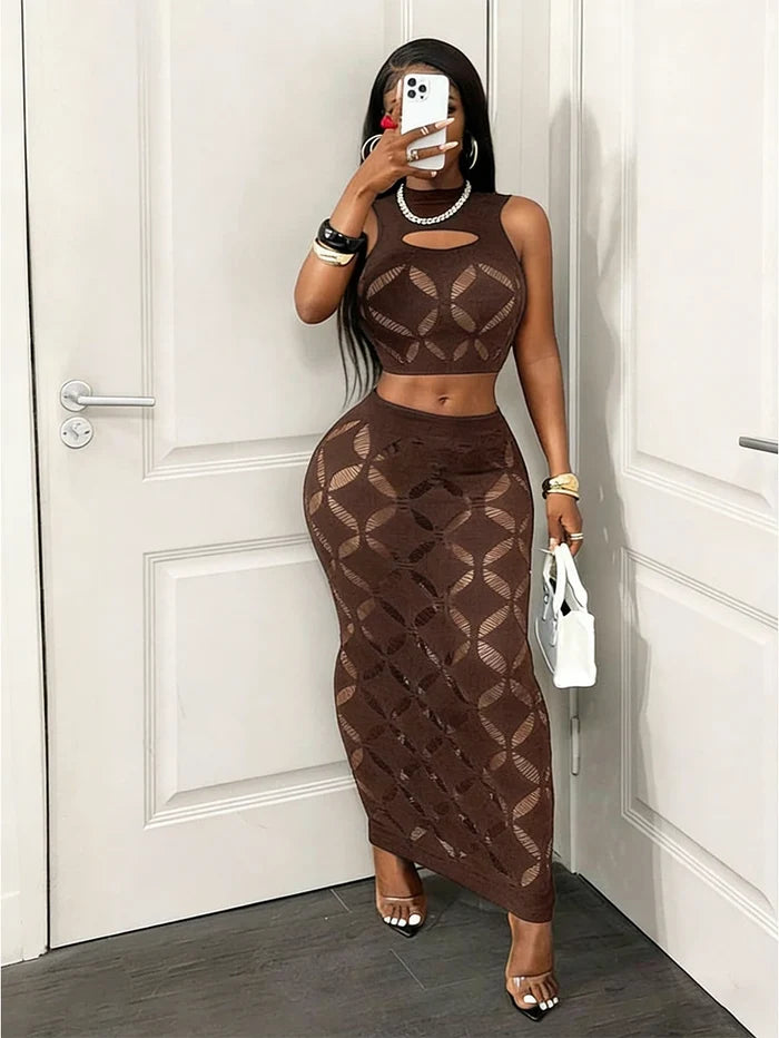 Mesh Hollow-Out Crop Tank & Bodycon Mini Skirt Set – 2-Piece Clubwear
