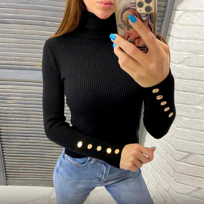 Metal Buckle Turtleneck Knit Pullover Sweater