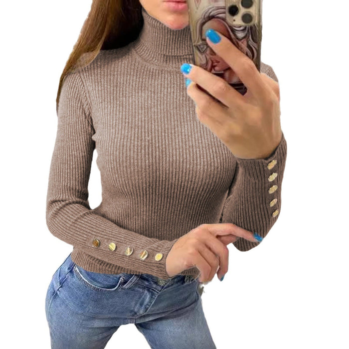 Metal Buckle Turtleneck Knit Pullover Sweater